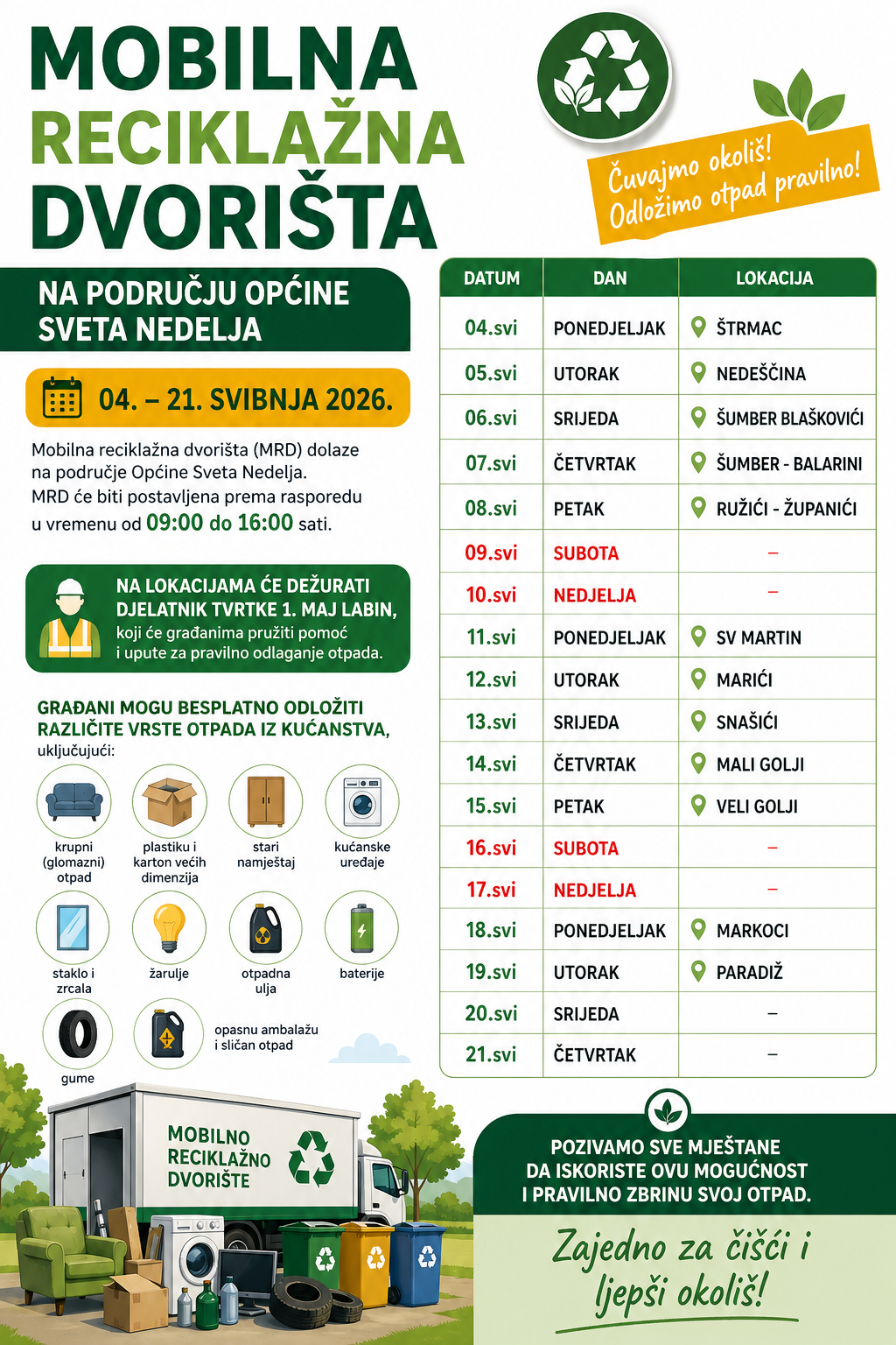 Mobilna reciklažna dvorišta od 4. do 21. svibnja 2026. godine
